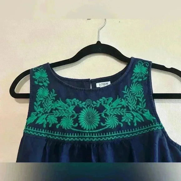 J Crew Factory Shift Dress Navy/Green Embroidered Linen Blend Pockets - Sz Small - Picture 5 of 12